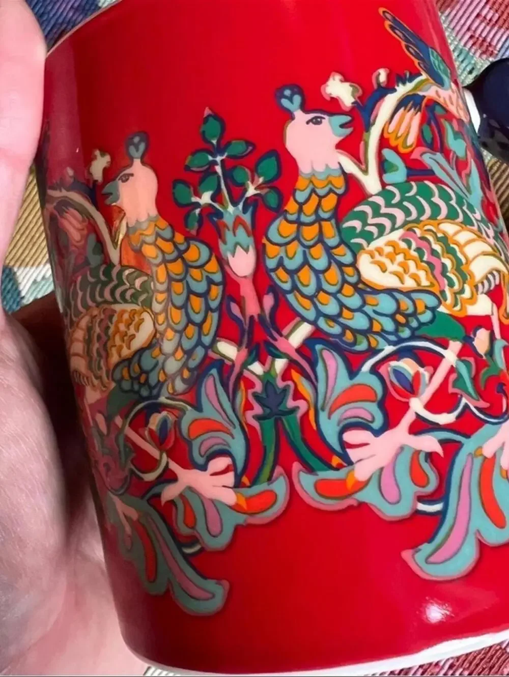 2 WILLIAM MORRIS Coffee Mugs Red Green Cup Set Peacock Floral Holiday Christmas